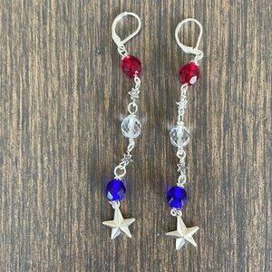 HAND CRAFTED PATRIOTIC EARRINGS Red Clear Blue Glass Faceted Silver Plated Stars